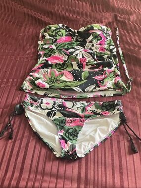 Anne Cole Black Floral Tankini Set with Pink and Green Accents